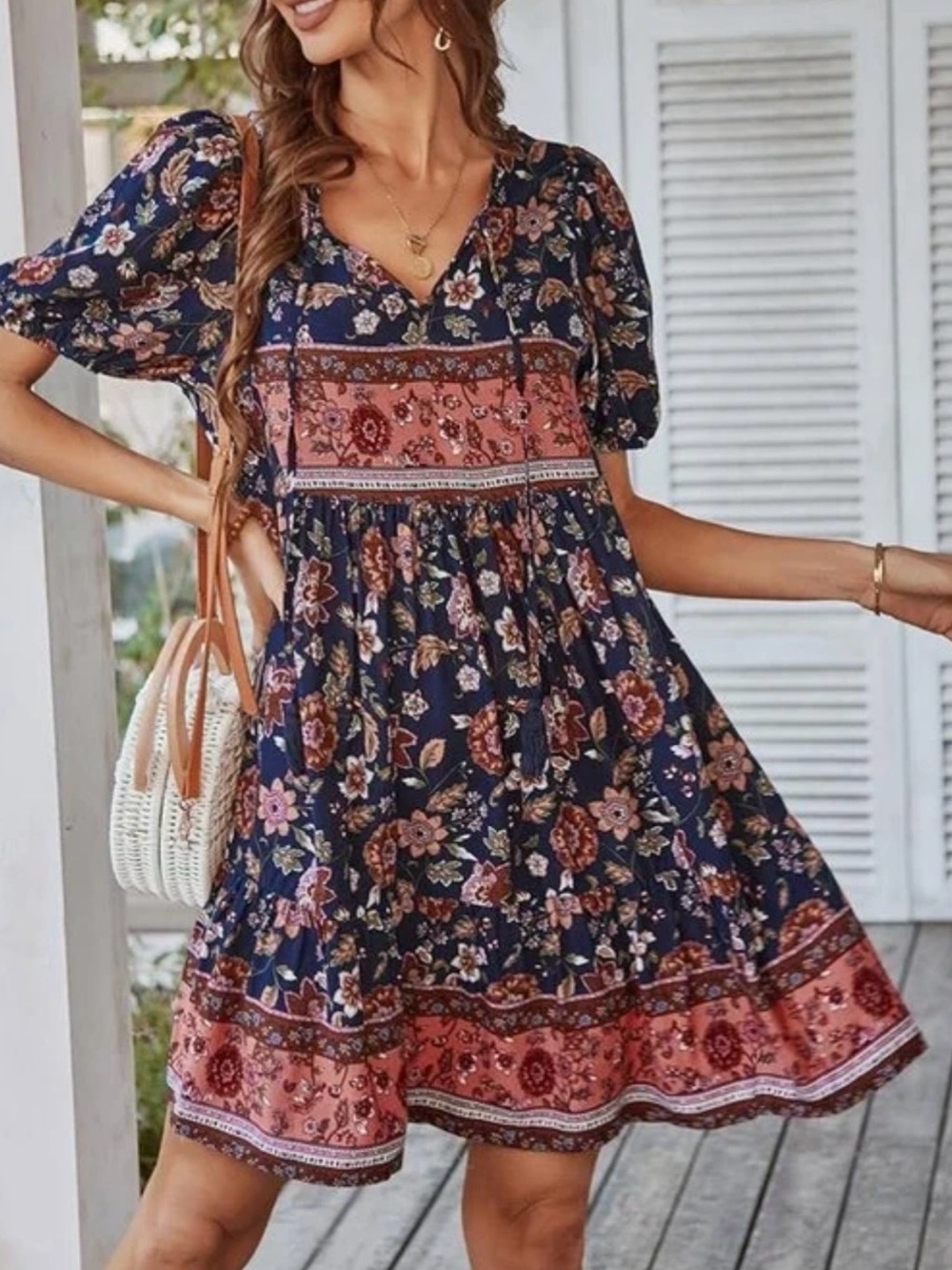Everyday Chic Boutique Floral V-Neck Babydoll Dress in Navy and Rust